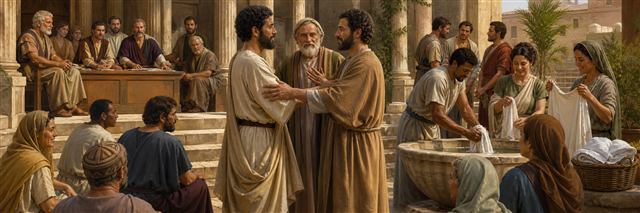 Two reconciled believers with a mediator beside people washing and receiving clean garments